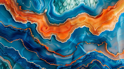 Shiny Surface Agate Ripples in Tropical Blue and Vibrant Orange Alcohol Ink Art.