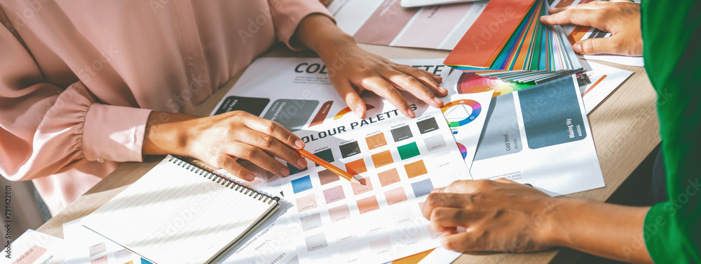 Poster cropped image of professional interior designers discuss and brainstorm main theme color in project 