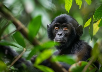 Young Black Monkey Gazes Through Lush Green Foliage in Natural Habitat