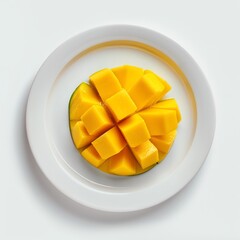 Close-up of a sliced mango on a white ceramic plate, isolated on a white background with ample space for text on the right.
