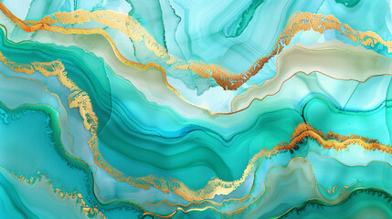 Glossy Agate Ripples in Vibrant Turquoise and Soft Gold Alcohol Ink Waves, High Definition.