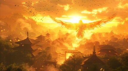 Ethereal Phoenix Soaring Over Serene Japanese Landscape in Traditional Ink Wash Painting Style