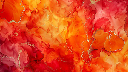 Ultra HD Orange and Bright Red Alcohol Ink Swirls, Marble-Like Appearance with a Shiny Texture.