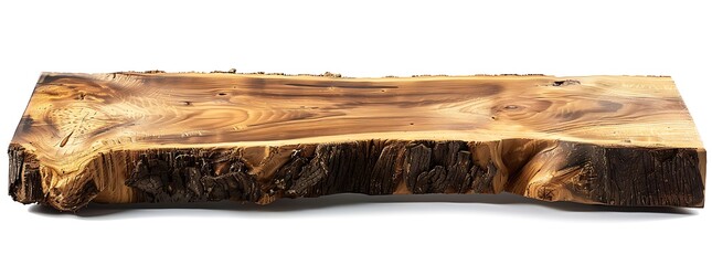 olive wood slab, with visible bark and texture on the edge, set against an isolated white background 