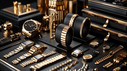 Naklejka premium Elegant display of luxury gold accessories, including watches and jewelry, elegantly arranged on a sleek black background