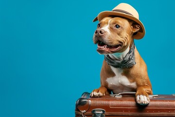 Lovable, pretty Pitbull dog and blue suitcase. Travel preparation and planning. Closeup, indoors. Studio photo, isolated background. Concept of recreation, travel and tourism. Pets care, copy space