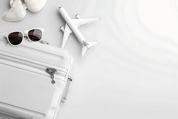 White suitcase, sunglasses and airplane toy on white background Travel concept 