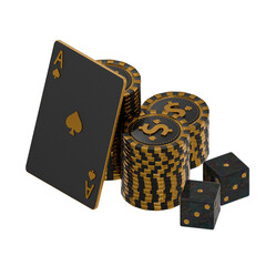 High-Quality Black and Gold Casino Chips, Cards, and Dice with Transparent Background