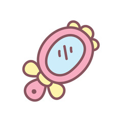 Cute hand mirror icon. Hand drawn illustration of a little pink mirror decorated with a gold bow isolated on a white background. Princess accessory. Vector 10 EPS.