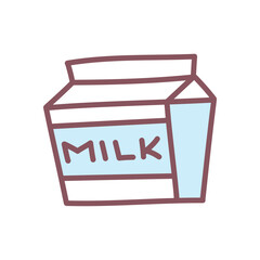 Cute milk box icon. Hand drawn illustration of pasteurized milk in a cardboard package isolated on a white background. Kawaii sticker. Vector 10 EPS.