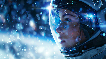Casco de astronauta futurista, de la era espacial, con un hermoso rostro de astronauta femenino reflejado en la visera,  - obrazy, fototapety, plakaty
