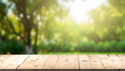 Wood table top on and blur natural and light background in the nature view	
