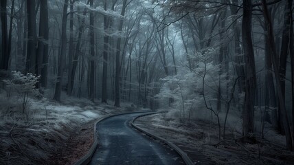 Obraz premium In the depths of the night, under the cloak of infrared, a plank road winds its way through a dense forest.Ideal for adding text.