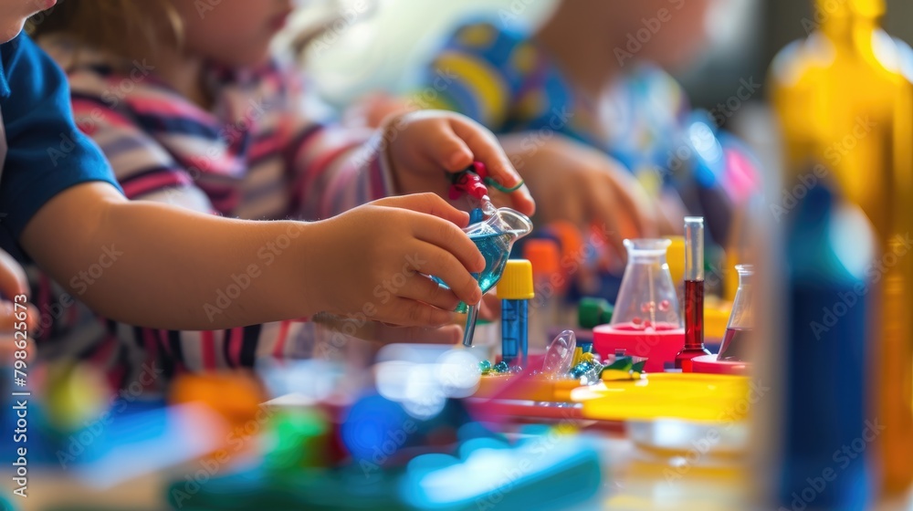 Poster close up of smart children hands learning about science by using toy in stem science lesson. skilled