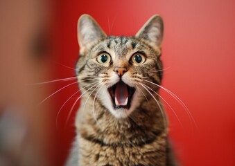 Surprised Tabby Cat with Mouth Open on Red Background