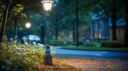 Tranquil Evening Park Scene with Vintage Street Lamp Illumination