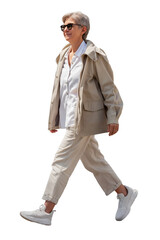 Sophisticated Senior Woman Striding in Stylish Beige Outfit
