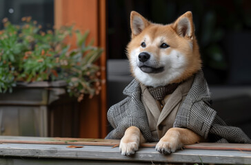 A dog is sitting on a table while wearing a formal suit and tie. The canine looks dapper and well-dressed, showcasing a unique and humorous scene. Cute Shibainu