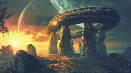 Ancient alien megalithic structure, artist's impression, theory - obrazy, fototapety, plakaty