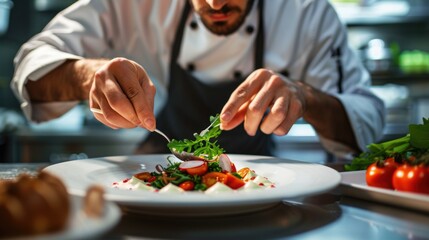 Professional smart chef preparing and garnishing main dish in modern kitchen. Stressed cook in...