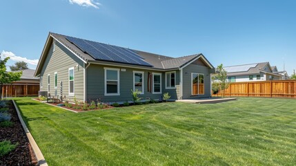 A backyard view of a house with a solar panel array generating clean energy.
