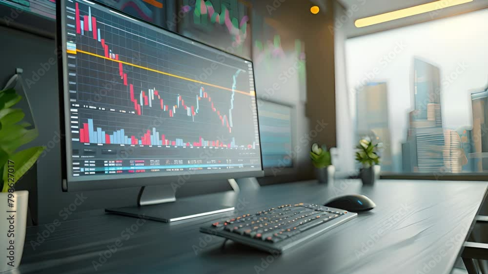 Poster a computer monitor displaying a stock market chart in an office setting.