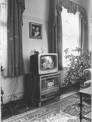 A 1940s vintage TV set in a retro living room with era decor and monochrome film evokes intense nostalgia