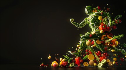 An artistic representation of an athlete made entirely out of fruits and vegetables, running with determination against a dark background.