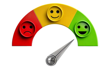 A red, yellow and green smiley face meter with a needle pointing to a green face. Concept of user customer support experience review and rating - obrazy, fototapety, plakaty