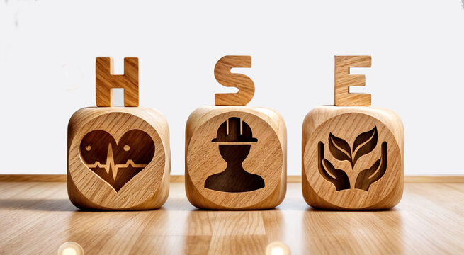 The letters word text abbreviation acronym HSE above three wooden blocks, with symbols on each block representing the different aspects of health, safety, and the environment.