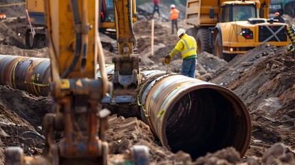 Construction Workers Installing Large Drainage Pipes at Bustling Building Site