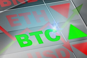BTC Bitcoin Cryptocurrency on the display board with green arrow up