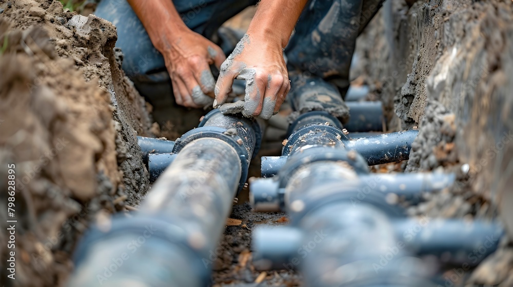 Poster hands carefully assembling drainpipe sections with precision and technical expertise for essential