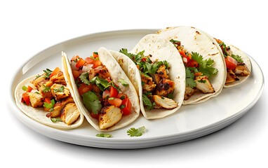 Photo of street tacos on a white plate against a solid stark white background with focused lighting 