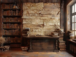 Ancient scholar's study showcases classic notebook collection with vintage paper, distressed edges, aged look, ambient lighting