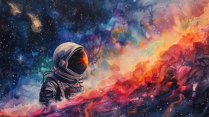 Obraz premium Produce a watercolor painting depicting an astronaut in a retro space helmet