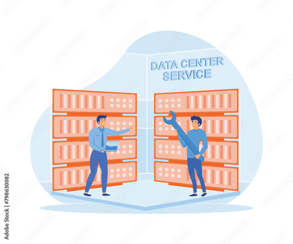 Poster service engineers administrators set up data centers. of setting process. data center services conce