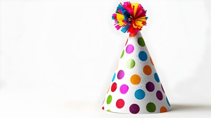 Colorful Polka Dot Party Hat with Playful Pompom against Pure White Background