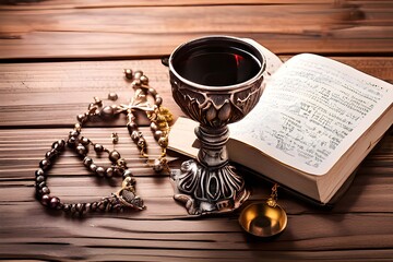 A cup of wine, a rosary, and a bible on a wooden table.  Wine, rosary, and bible on table.