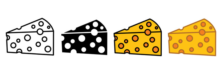 Cheese icons vector set in line, flat, and color style. Mozzarella, cheezy, chezzy, yogurt, ricotta, cream cheese, parmesan, cheddar, brie, emmenthal, gouda symbol. Vector illustration