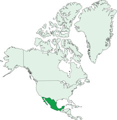 Dark green blank political map of MEXICO with black borders on transparent background using orthographic projection of the light green North American continent