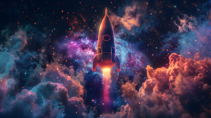Space Odyssey: Rocket Soars Through Nebula and Galaxy