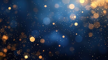 Golden light shine particles bokeh on navy blue background. Holiday concept.