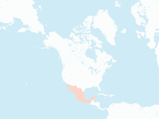 Pink detailed blank political map of MEXICO with blue water surfaces using orthographic projection of the white North American continent