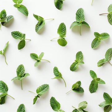 Overhead shot of fresh peppermint leaves arranged in a neat pattern on a white background, ideal for a clean, herbal ingredient showcase.