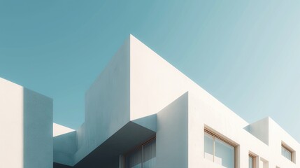 Photo of minimalistic geometric architectural building structure with white color and blue sky. Image of modern house with white color in square design with blue clear sky. Modern home concept. AIG42. - Powered by Adobe