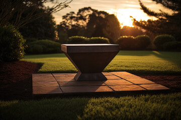 Rectangle platform in lush natural landscape with green grass at sunset. Wood product podim in garden, surrounded by trees light and plants for outdoor natural backdrop