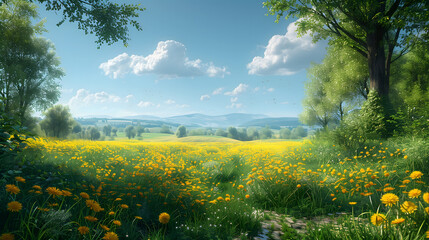 Sunlit Meadow: A Vibrant Field of Yellow Flowers and Dandelions Under a Blue Sky