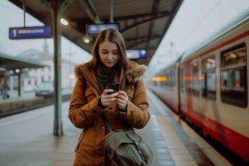 Fototapeta premium young woman standing near the train station and looking at her phone