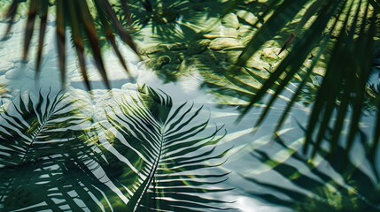 water surface with tropical leaf shadow. palm leaves on clean water. Spa concept background.